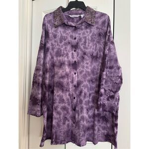Roaman’s Dark Plum Tie Dye Tunic with/ Embellished Collat